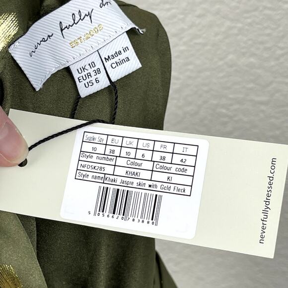 Never Fully Dressed Jasper Skirt Khaki With Gold Fleck US 6 Satin Wrap Green NWT - Picture 9 of 16